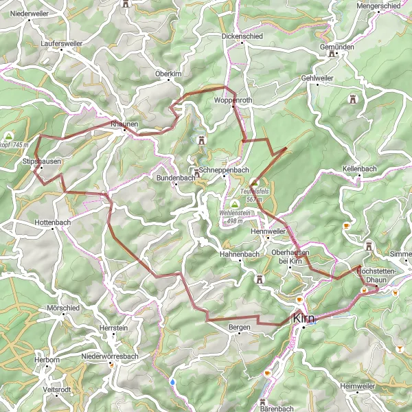 Map miniature of "Gravel Adventure: Womrather Höhe and Rhaunen" cycling inspiration in Koblenz, Germany. Generated by Tarmacs.app cycling route planner