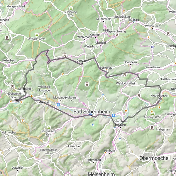 Map miniature of "Seesbach and the Historical Burgsponheim Road" cycling inspiration in Koblenz, Germany. Generated by Tarmacs.app cycling route planner