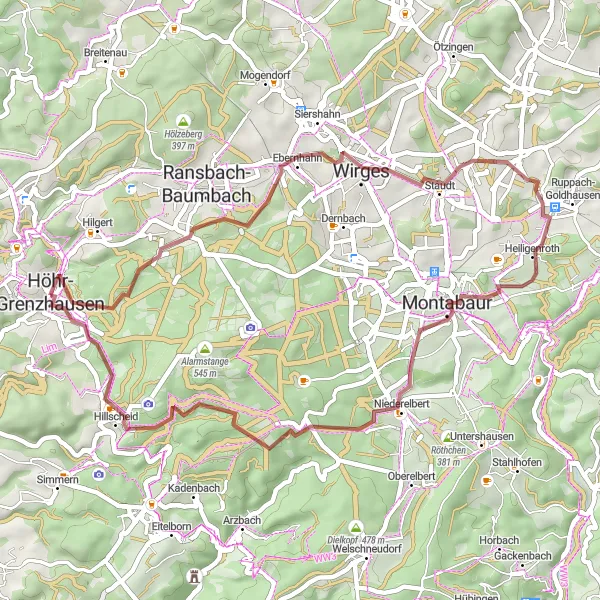 Map miniature of "Gravel Adventure: Höhr-Grenzhausen to Montabaur" cycling inspiration in Koblenz, Germany. Generated by Tarmacs.app cycling route planner