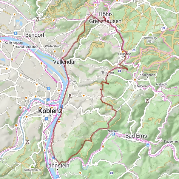 Map miniature of "Höhr-Grenzhausen Rambling Gravel Ride" cycling inspiration in Koblenz, Germany. Generated by Tarmacs.app cycling route planner