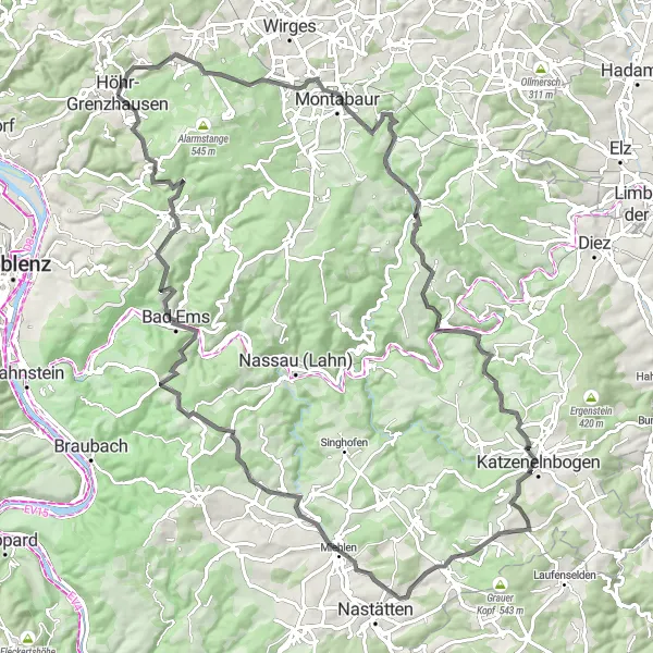 Map miniature of "Höhr-Grenzhausen to Katzenelnbogen Loop" cycling inspiration in Koblenz, Germany. Generated by Tarmacs.app cycling route planner