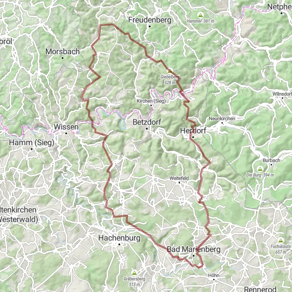 Karten-Miniaturansicht der Radinspiration "Gravel-Rundtour um Höhn" in Koblenz, Germany. Erstellt vom Tarmacs.app-Routenplaner für Radtouren