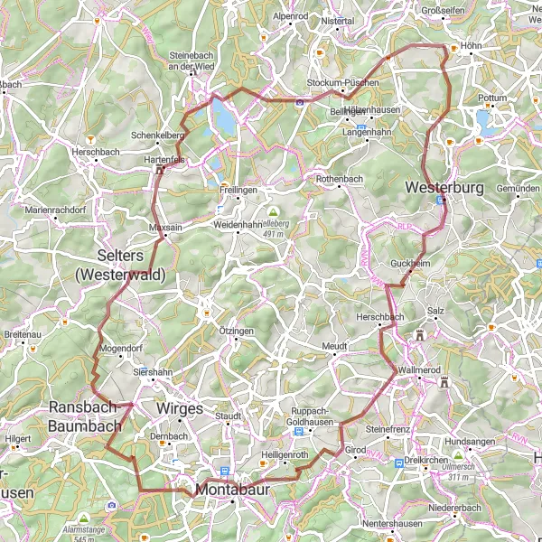Map miniature of "Höhn - Halbs - Zum Burgberg - Koppel - Heiligenroth - Massenberg - Ebernhahn - Lochum - Kackenbergerstein - Neuhochstein - Höhn" cycling inspiration in Koblenz, Germany. Generated by Tarmacs.app cycling route planner