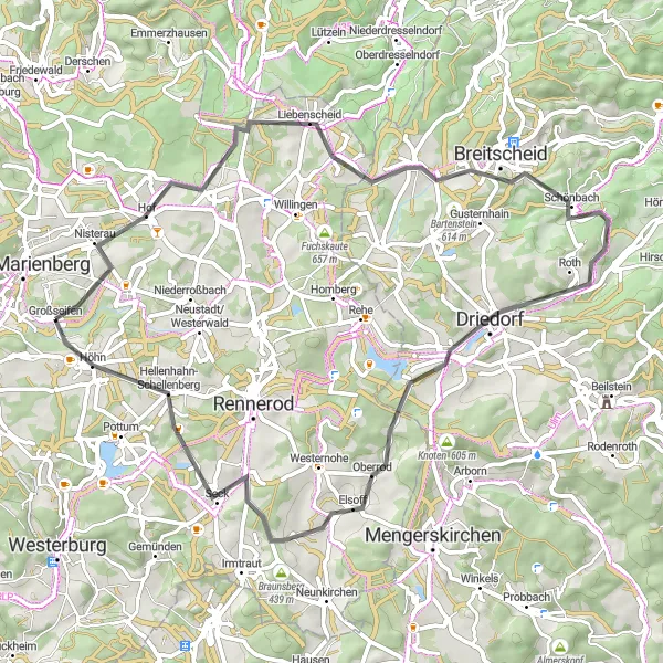 Karten-Miniaturansicht der Radinspiration "Höhn - Fehl-Ritzhausen Rundfahrt" in Koblenz, Germany. Erstellt vom Tarmacs.app-Routenplaner für Radtouren