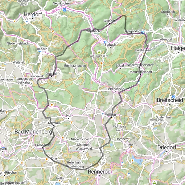 Map miniature of "Höhn - Friedewald - Holzholzer Kopf - Würgendorf - Ketzerstein - Waigandshain - Hohenscheid - Hellenhahn-Schellenberg - Höhn" cycling inspiration in Koblenz, Germany. Generated by Tarmacs.app cycling route planner