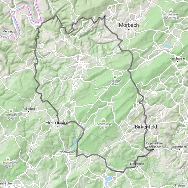 Karten-Miniaturansicht der Radinspiration "Herausfordernde Rundtour durch den Hunsrück" in Koblenz, Germany. Erstellt vom Tarmacs.app-Routenplaner für Radtouren
