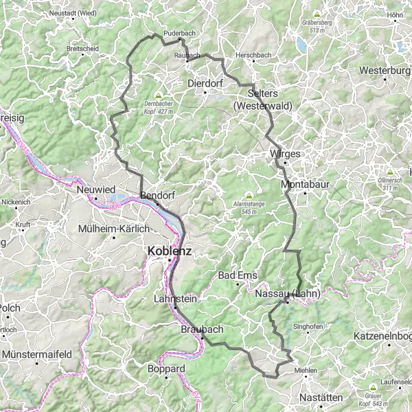 Map miniature of "Bear PeakLand" cycling inspiration in Koblenz, Germany. Generated by Tarmacs.app cycling route planner