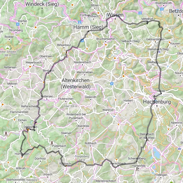 Karten-Miniaturansicht der Radinspiration "Radtour von Horhausen nach Koblenz und zurück" in Koblenz, Germany. Erstellt vom Tarmacs.app-Routenplaner für Radtouren