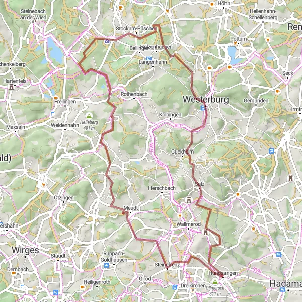 Karten-Miniaturansicht der Radinspiration "Abenteuerliche Gravel-Tour um Hundsangen" in Koblenz, Germany. Erstellt vom Tarmacs.app-Routenplaner für Radtouren