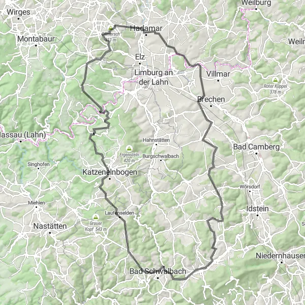 Map miniature of "Hundsangen – BEST OF Taunus-Asonthausen Variante 02" cycling inspiration in Koblenz, Germany. Generated by Tarmacs.app cycling route planner