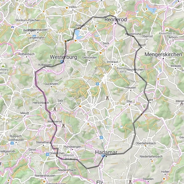 Map miniature of "Hundsangen Loop" cycling inspiration in Koblenz, Germany. Generated by Tarmacs.app cycling route planner