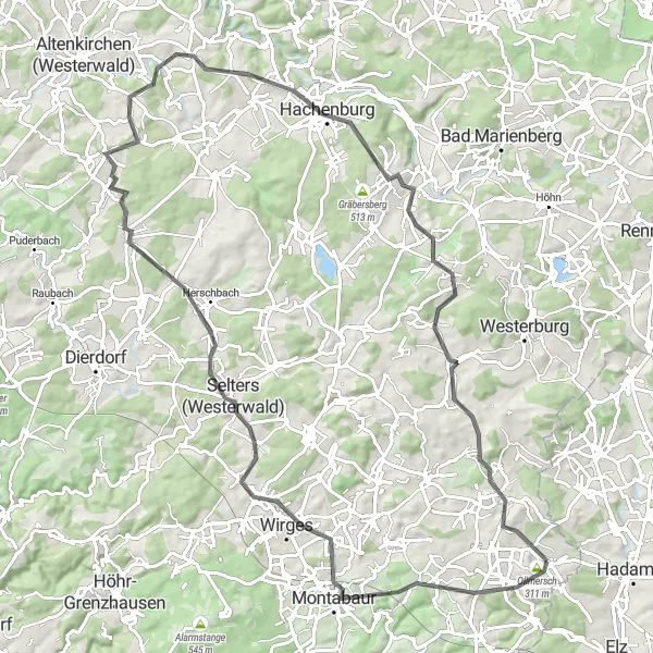 Map miniature of "Scenic Road Loop from Hundsangen" cycling inspiration in Koblenz, Germany. Generated by Tarmacs.app cycling route planner