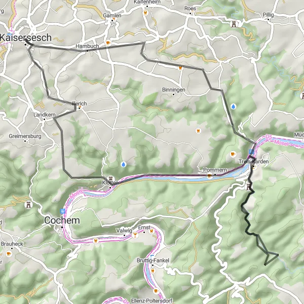 Map miniature of "Scenic road loop to Klotten and Moselschieferblick" cycling inspiration in Koblenz, Germany. Generated by Tarmacs.app cycling route planner