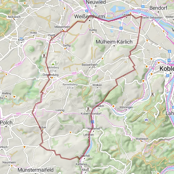 Map miniature of "Scenic Gravel Adventure from Kaltenengers" cycling inspiration in Koblenz, Germany. Generated by Tarmacs.app cycling route planner