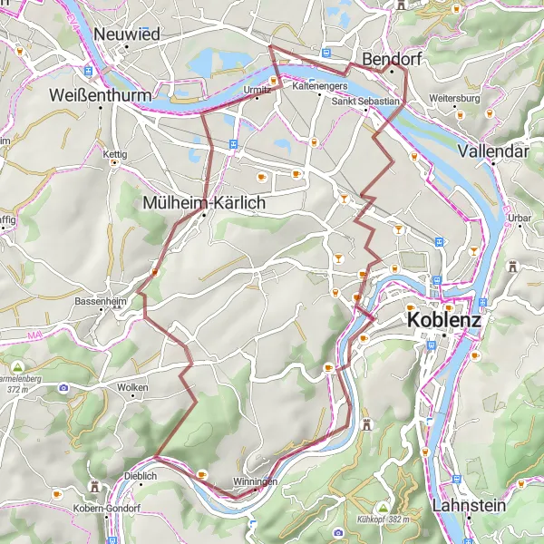 Karten-Miniaturansicht der Radinspiration "Kulturelle Graveltour durch Dieblich und Umgebung" in Koblenz, Germany. Erstellt vom Tarmacs.app-Routenplaner für Radtouren