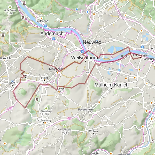 Karten-Miniaturansicht der Radinspiration "Entspannte Gravel-Tour durch die Natur" in Koblenz, Germany. Erstellt vom Tarmacs.app-Routenplaner für Radtouren