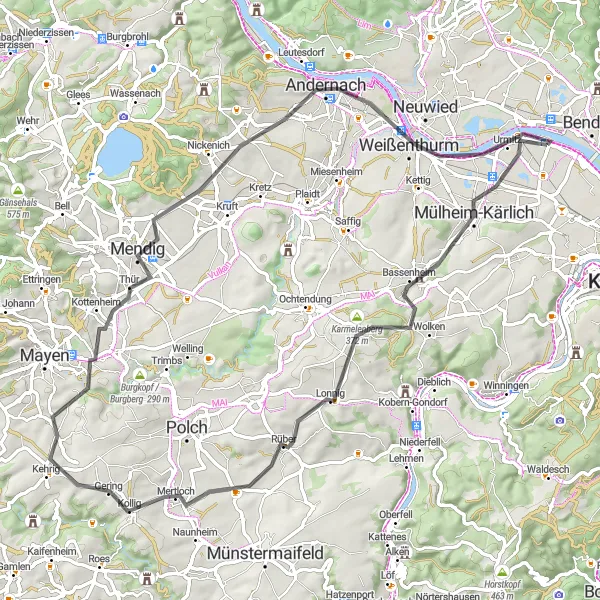 Map miniature of "Scenic Road Loop from Kaltenengers" cycling inspiration in Koblenz, Germany. Generated by Tarmacs.app cycling route planner