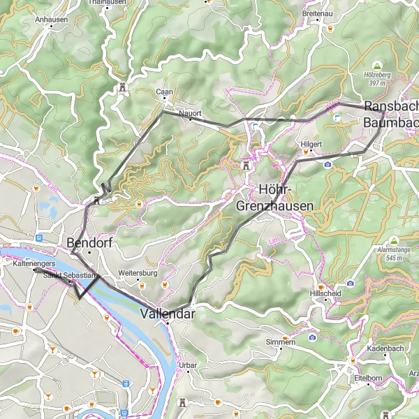 Map miniature of "Discover the Countryside from Kaltenengers" cycling inspiration in Koblenz, Germany. Generated by Tarmacs.app cycling route planner