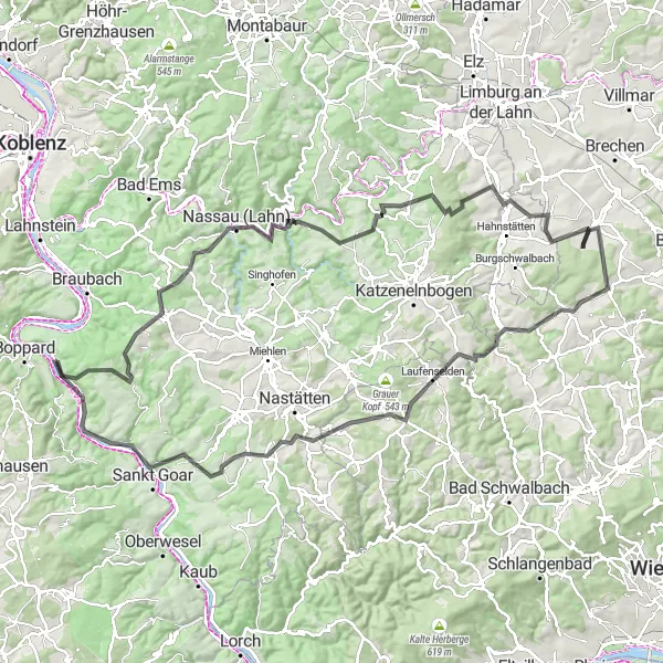 Karten-Miniaturansicht der Radinspiration "Herausfordernde Straßenrunde durch das Rheintal" in Koblenz, Germany. Erstellt vom Tarmacs.app-Routenplaner für Radtouren