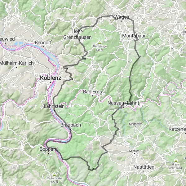 Map miniature of "Hills and Valleys" cycling inspiration in Koblenz, Germany. Generated by Tarmacs.app cycling route planner