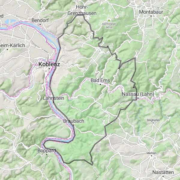 Map miniature of "The Moselle Enchantment" cycling inspiration in Koblenz, Germany. Generated by Tarmacs.app cycling route planner