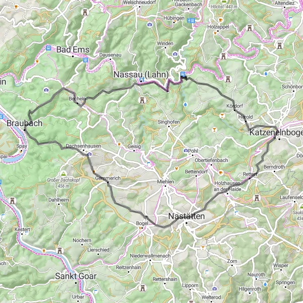 Map miniature of "The Scenic Valley Circuit" cycling inspiration in Koblenz, Germany. Generated by Tarmacs.app cycling route planner
