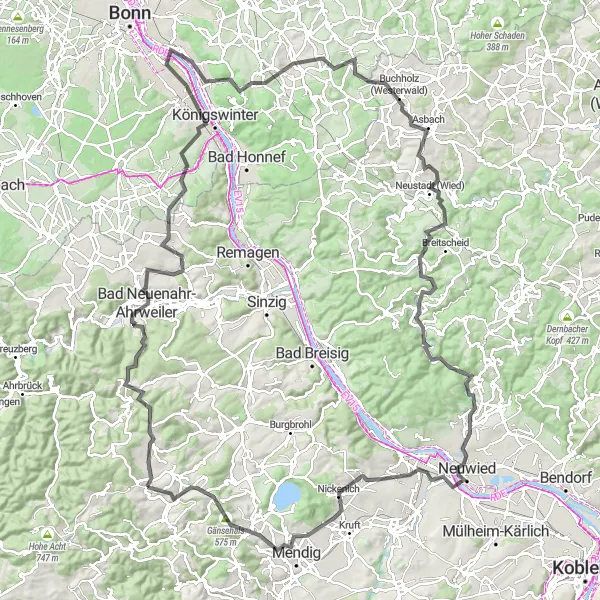 Karten-Miniaturansicht der Radinspiration "Über die Berge und Täler" in Koblenz, Germany. Erstellt vom Tarmacs.app-Routenplaner für Radtouren