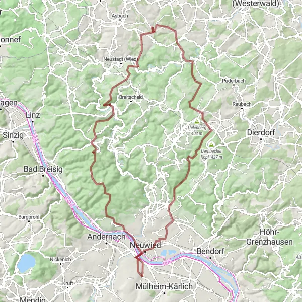 Map miniature of "Kettig-Weißenthurm-Roßbach-Scharenberg-Grenzbachtal-Ruine Braunsburg-Köppel-Neuwied" cycling inspiration in Koblenz, Germany. Generated by Tarmacs.app cycling route planner