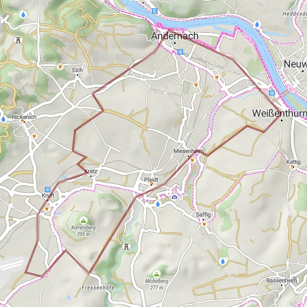 Map miniature of "Kettig-Plaidt-Plaidter Hümmerich-Krahnenberg-Andernach-Weißer Thurm" cycling inspiration in Koblenz, Germany. Generated by Tarmacs.app cycling route planner