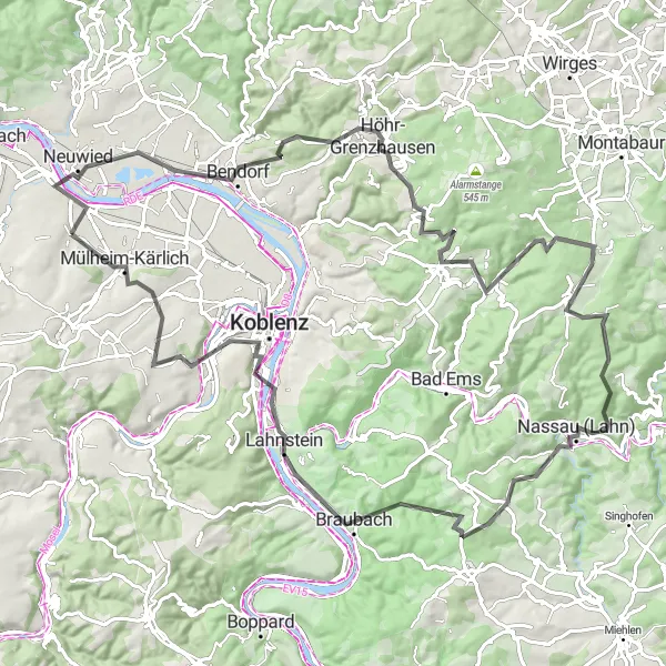 Map miniature of "River Rhine Circuit" cycling inspiration in Koblenz, Germany. Generated by Tarmacs.app cycling route planner