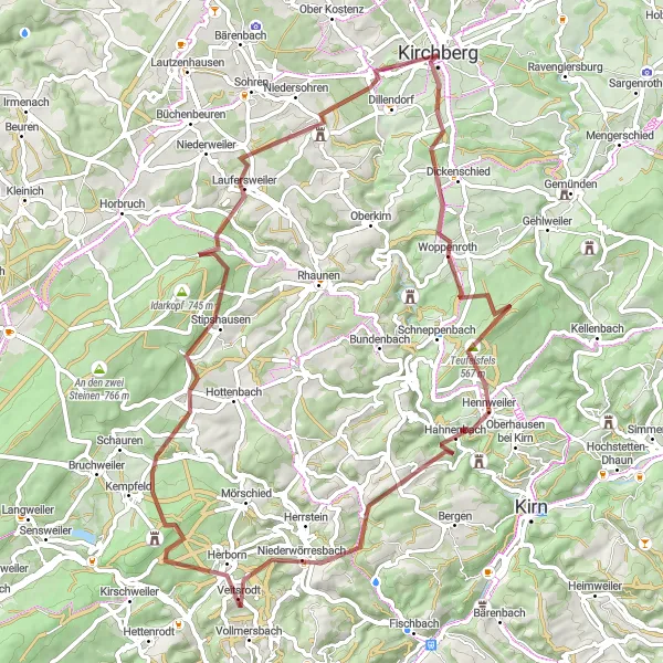 Karten-Miniaturansicht der Radinspiration "Gravel-Abenteuer durch den Hunsrück" in Koblenz, Germany. Erstellt vom Tarmacs.app-Routenplaner für Radtouren