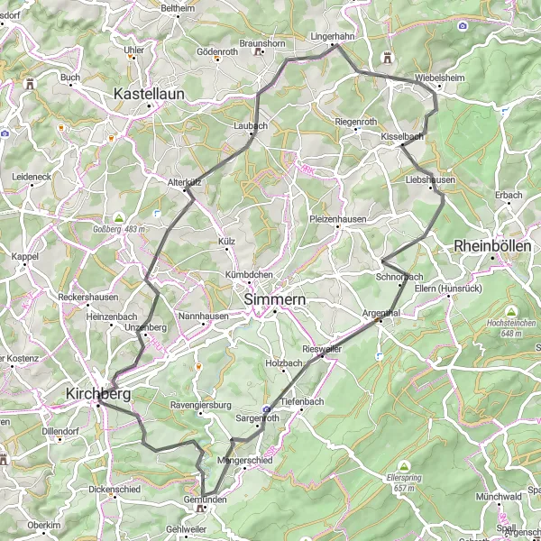 Map miniature of "Scenic Biebern to Womrath Road Ride" cycling inspiration in Koblenz, Germany. Generated by Tarmacs.app cycling route planner