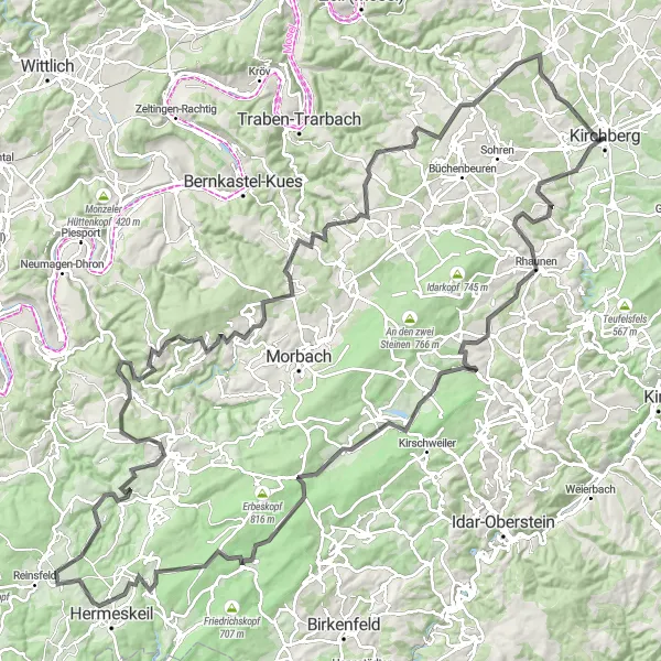 Map miniature of "Hunsrück Grand Tour" cycling inspiration in Koblenz, Germany. Generated by Tarmacs.app cycling route planner