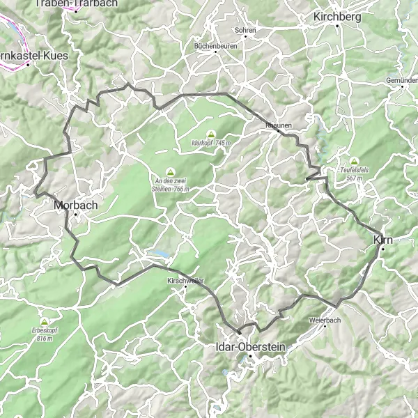 Map miniature of "Kirn to Hahnenbach Ultimate Road Ride" cycling inspiration in Koblenz, Germany. Generated by Tarmacs.app cycling route planner