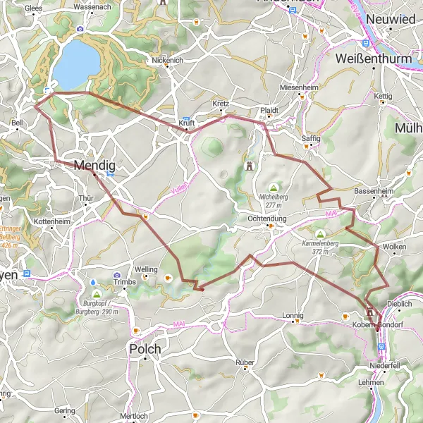 Map miniature of "The Volcanic Loop" cycling inspiration in Koblenz, Germany. Generated by Tarmacs.app cycling route planner