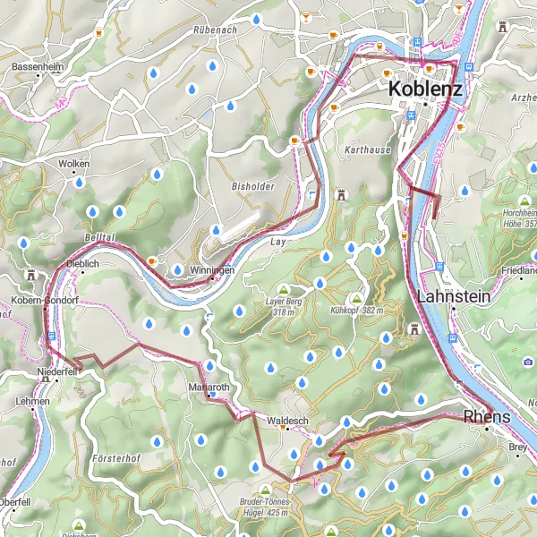 Map miniature of "Elling and Schloss Stolzenfels Loop" cycling inspiration in Koblenz, Germany. Generated by Tarmacs.app cycling route planner