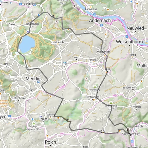 Karten-Miniaturansicht der Radinspiration "Rundtour durch die malerische Landschaft" in Koblenz, Germany. Erstellt vom Tarmacs.app-Routenplaner für Radtouren