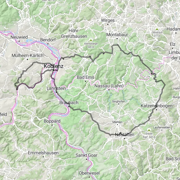 Map miniature of "Moselle-Mittelrhein Round Trip" cycling inspiration in Koblenz, Germany. Generated by Tarmacs.app cycling route planner