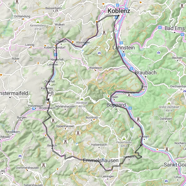 Karten-Miniaturansicht der Radinspiration "Mosel und Schieferhöhen" in Koblenz, Germany. Erstellt vom Tarmacs.app-Routenplaner für Radtouren