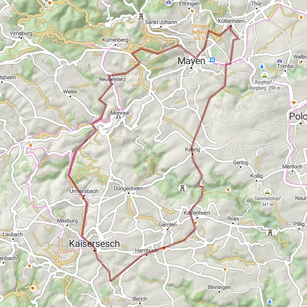 Map miniature of "True Gravel Adventure near Kottenheim" cycling inspiration in Koblenz, Germany. Generated by Tarmacs.app cycling route planner