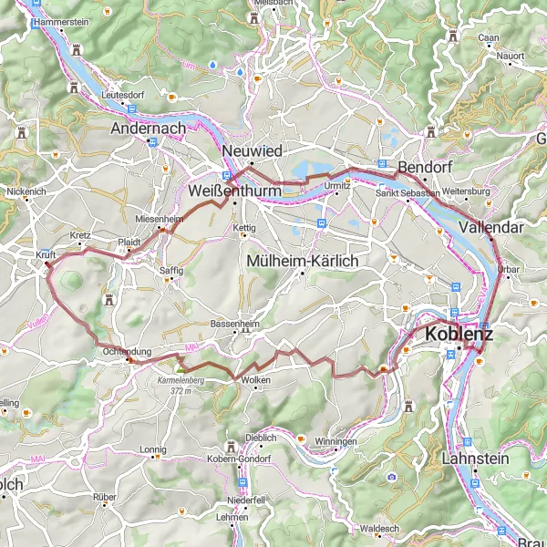 Map miniature of "Gravel Adventure amid Plaidter Hümmerich" cycling inspiration in Koblenz, Germany. Generated by Tarmacs.app cycling route planner