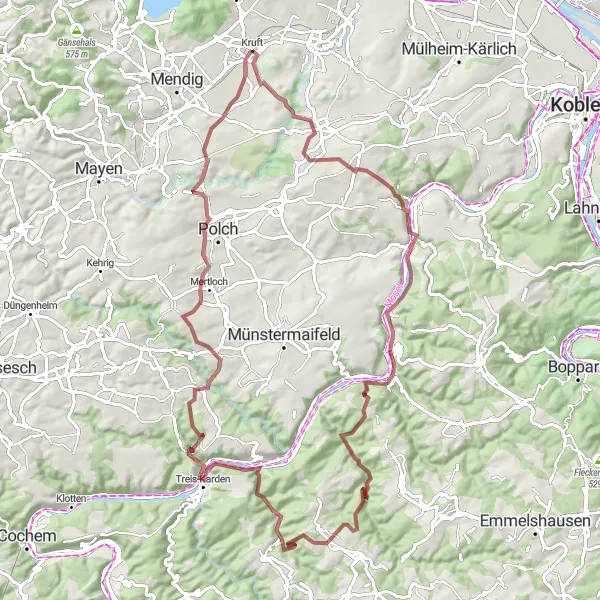 Map miniature of "Challenging Gravel Excursion to Mönch-Felix-Hütte" cycling inspiration in Koblenz, Germany. Generated by Tarmacs.app cycling route planner
