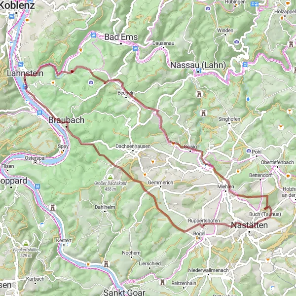 Map miniature of "Lahnstein to Koppelstein Gravel Route" cycling inspiration in Koblenz, Germany. Generated by Tarmacs.app cycling route planner