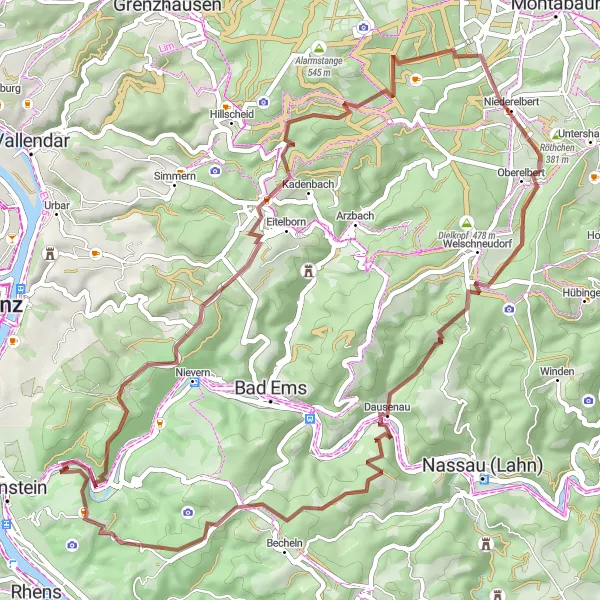 Karten-Miniaturansicht der Radinspiration "Rundtour Lahnstein - Rabenberg - Niederelbert - Dausenau" in Koblenz, Germany. Erstellt vom Tarmacs.app-Routenplaner für Radtouren