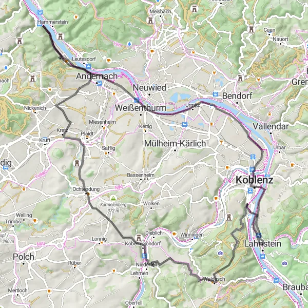 Map miniature of "Lahnstein to Rheinanschlusskaserne Road Route" cycling inspiration in Koblenz, Germany. Generated by Tarmacs.app cycling route planner