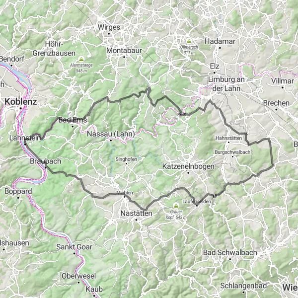 Map miniature of "Hills and Villages" cycling inspiration in Koblenz, Germany. Generated by Tarmacs.app cycling route planner