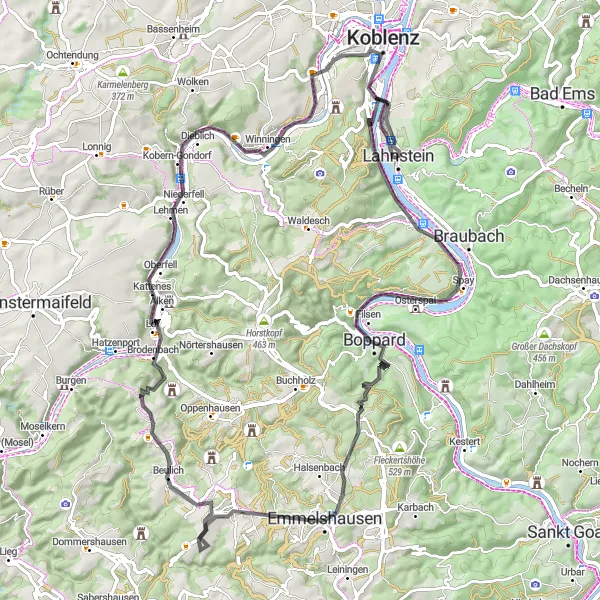 Karten-Miniaturansicht der Radinspiration "Rundtour Lahnstein - Dommelberg - Boppard - Carolahöhe" in Koblenz, Germany. Erstellt vom Tarmacs.app-Routenplaner für Radtouren