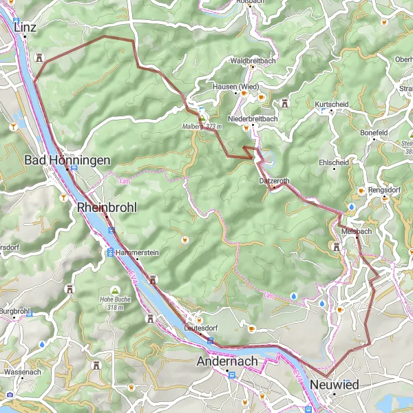 Map miniature of "The Riverside Gravel Ride" cycling inspiration in Koblenz, Germany. Generated by Tarmacs.app cycling route planner