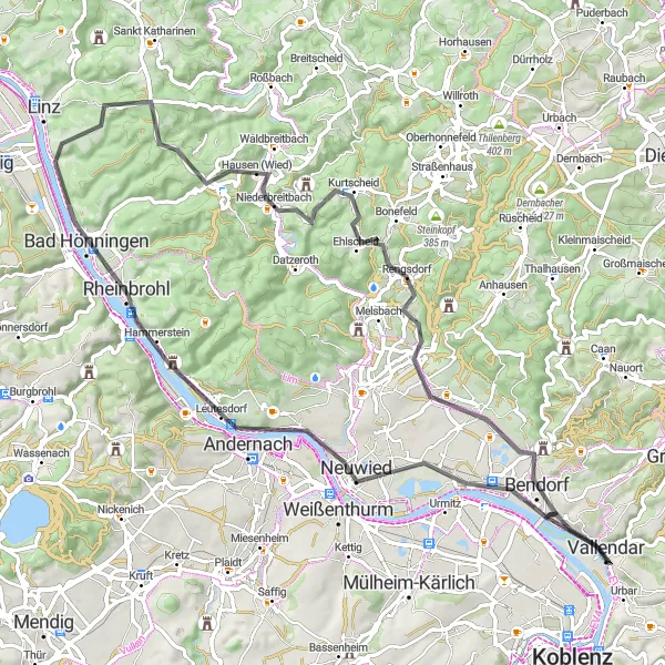 Map miniature of "Römerich and Kaiser-Friedrich-Turm" cycling inspiration in Koblenz, Germany. Generated by Tarmacs.app cycling route planner