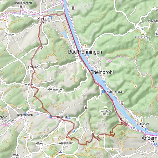 Map miniature of "Discover the Gravel Adventure" cycling inspiration in Koblenz, Germany. Generated by Tarmacs.app cycling route planner